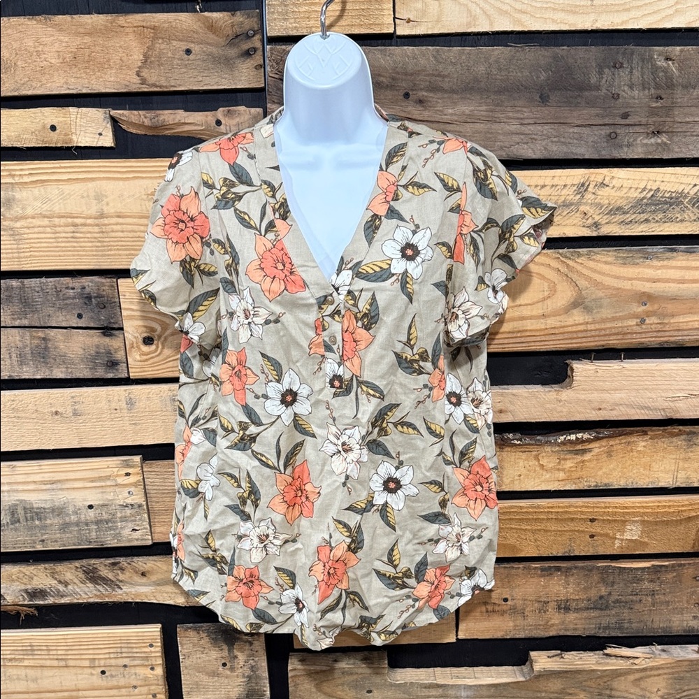 Alex & Parker Linen Blend Taupe Floral Flutter‎ Sleeve Gauze Blouse Size Large